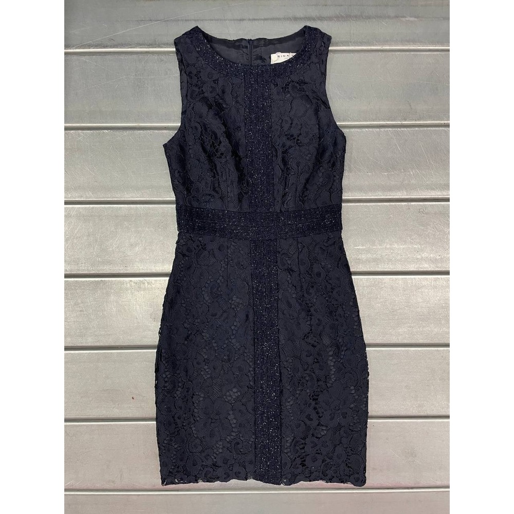 Trina Turk Sleeveless Sheath Dress Womens 2 Navy Blue Lace Cocktail Eyelet Lined